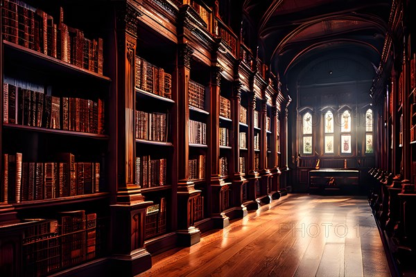 AI generated old library with antique wooden bookshelves