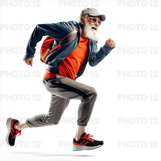 Fashionable older man with beard and sunglasses runs energetically in sportswear, run, start, advert, special offer, AI generated