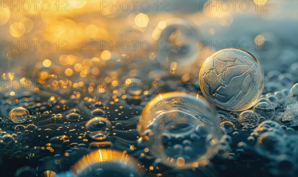 Close-up of frozen bubbles trapped beneath the surface of a lake AI generated