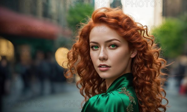 Beautiful young woman with red curly hair in a green dress in the city at night. ai generative, AI generated