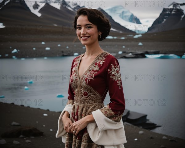 Portrait of a young woman smiling at camera in front of icebergs. ai generative, AI generated