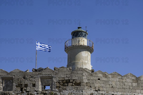 Agios Nikolaos Fortress with Lighthouse, Mandraki Harbour, Rhodes Town, Rhodes, Greece, Europe