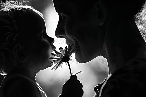 Mother's Day, Emotional portrait of a child and a woman looking at each other and holding a flower between them, Mother's Day, AI generated, AI generated