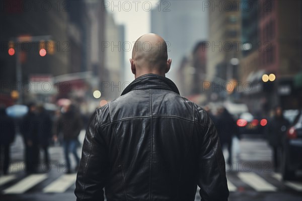 Back view of neonazi skinhead with leather jacket in city street. KI generiert, generiert, AI generated
