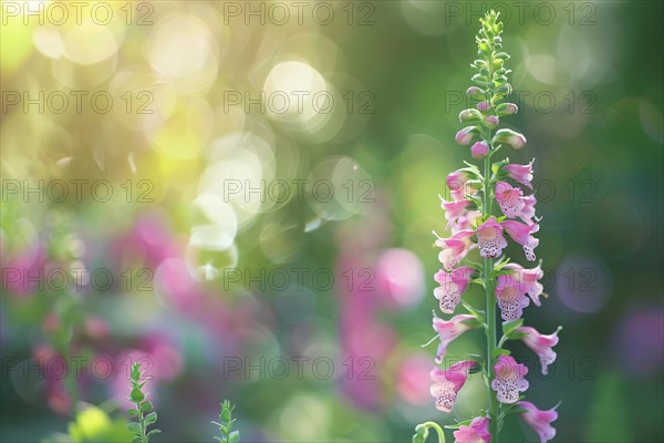 Purple Digitalis flower with blurry green nature background. KI generiert, generiert, AI generated