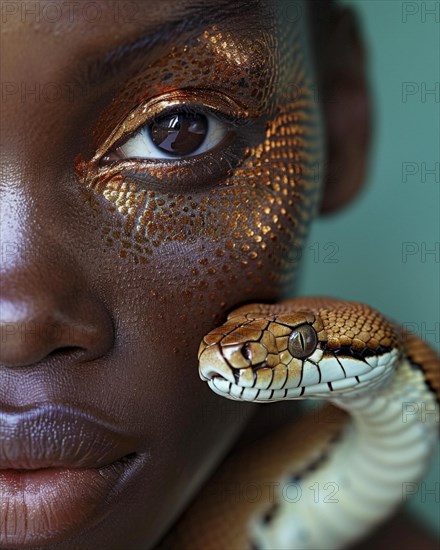 Portrait of a woman with a snake and striking gold eyeshadow against a dark background, blurry teal turquoise solid background, beauty studio light, fashion artsy make up, high concept potraiture, AI generated