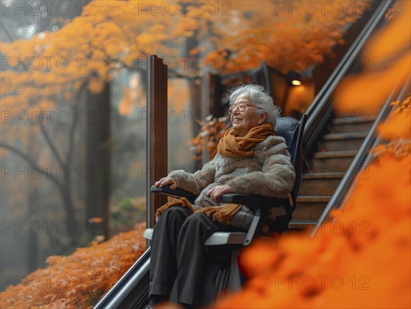 A pensioner rides a stair lift up a flight of stairs, AI generated