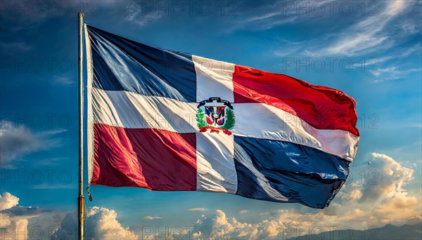 The flag of the Dominican Republic flutters in the wind, isolated against a blue sky