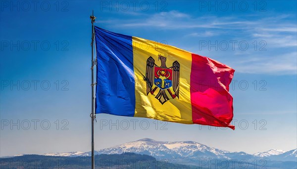 The flag of Moldova, Republic of Moldova, flutters in the wind, isolated against a blue sky