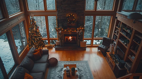 A cozy winter scene with a lit fireplace, Christmas tree, and snow outside, embodying holiday warmth, AI generated