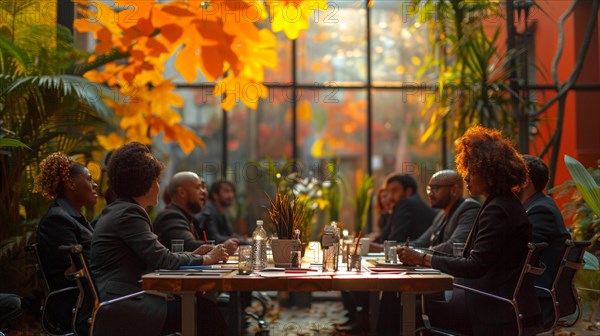People engaging in conversation around a dining table with a warm, autumnal atmosphere, AI generated