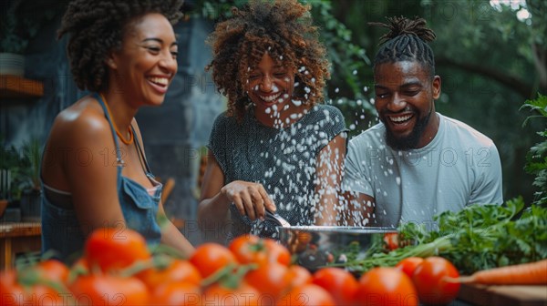 Three friends share a joyful moment with a playful splash while cooking veggies together, AI generated