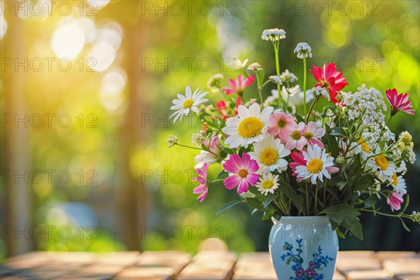 Mother's Day, Colourful daisies in a vase in front of a sunlit background, AI generated, AI generated