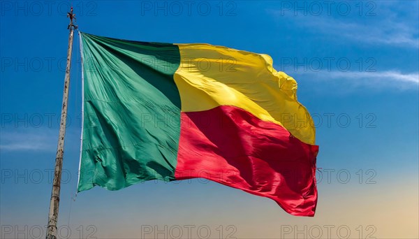 The flag of Benin flutters in the wind, isolated against the blue sky