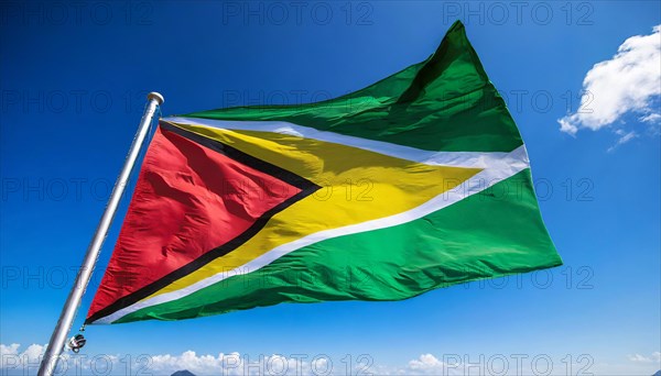 The flag of Guyana, fluttering in the wind, isolated, against the blue sky