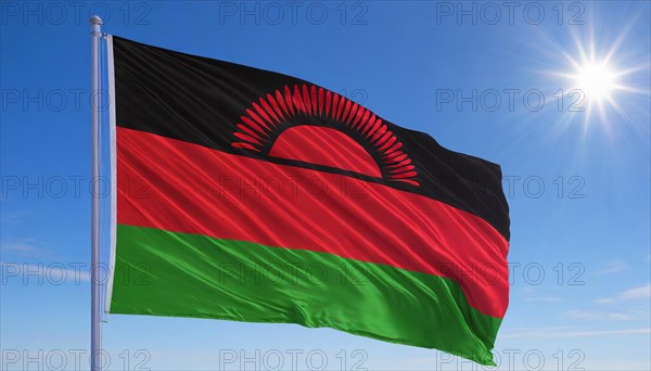 The flag of Malawi, fluttering in the wind, isolated, against the blue sky