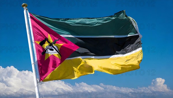 The flag of Mozambique, fluttering in the wind, isolated, against the blue sky