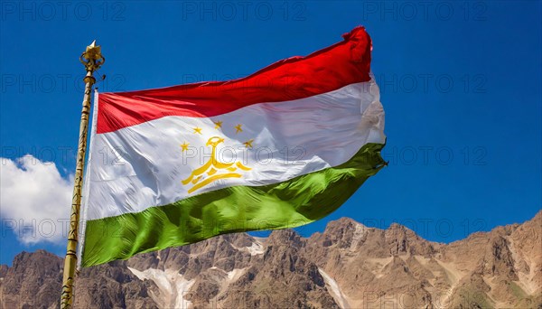 The flag of Tajikistan, fluttering in the wind, isolated, against the blue sky