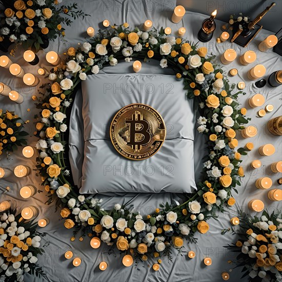 Symbolic portrayal of the end of bitcoin with a coin surrounded by funeral flowers and candles, AI generated