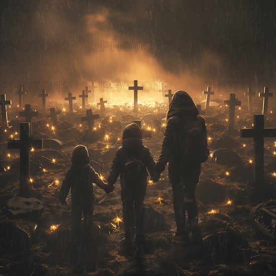 Three figures stand hand in hand in a rainy cemetery with many crosses, war, war graves, military cemetery, AI generated
