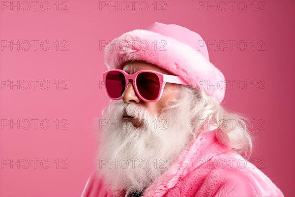Modern Santa Claus interpretation. Elderly man with white beard wearing pink coat and hat and sunglasses. KI generiert, generiert, AI generated