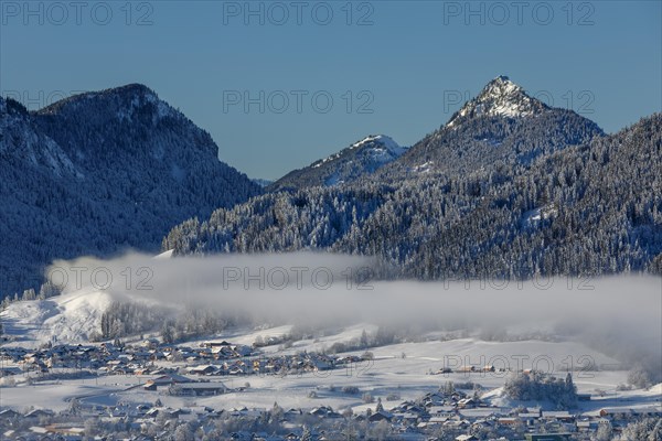 View from the Eisenberg castle ruins over Zell to the Tannheim mountains, Allgaeu, Swabia, Bavaria, Germany, Pfronten, Bavaria, Germany, Europe