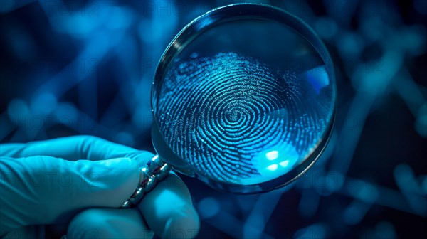 Crime scene with investigator wearing surgical glove viewing A fingerprint through the glass of a magnifying glass. generative AI, AI generated