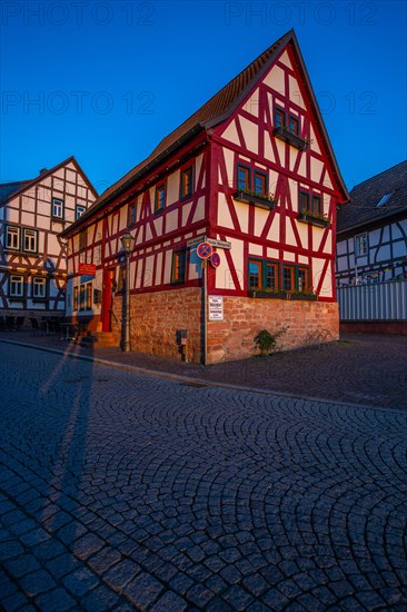 View of an old town, half-timbered houses and streets in a town. Seligenstadt am Main, Hesse Germany