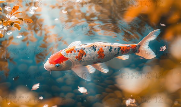 Close-up of a koi fish gliding through the clear waters of a pond AI generated