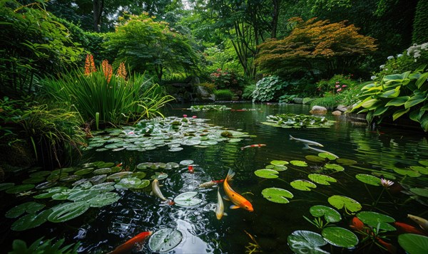 A garden pond adorned with koi fish swimming among water lilies and lush greenery AI generated