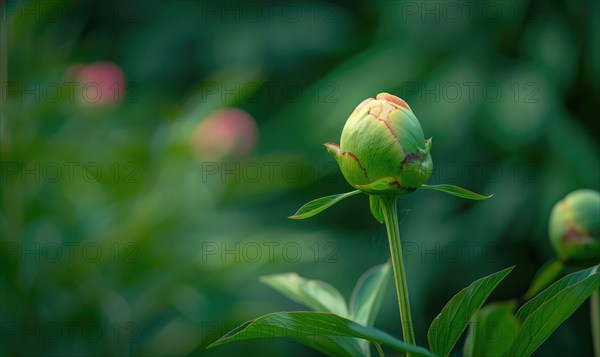 A single peony bud about to bloom against a backdrop of green foliage AI generated