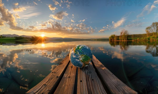 An Earth globe placed on a wooden dock overlooking a calm lake with a picturesque sky AI generated