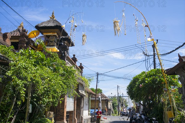Ornate jewellery woven from palm leaves on bamboo poles, on a village street in Amed, Karangasem, north-east Bali, Indonesia, Asia