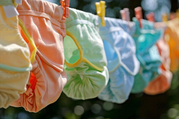 Eco friendly reusable cotton diapers on clothesline. KI generiert, generiert, AI generated