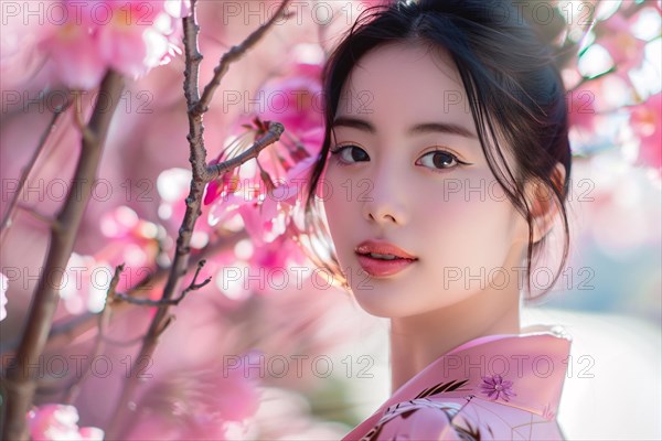 Beautiful young woman with pink kimono with blurry trees in background. KI generiert, generiert, AI generated