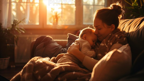 A mother is holding a baby on a couch. The baby is sleeping and the woman is holding it close to her chest. The scene is warm and cozy, with the sun shining through the window, AI generated