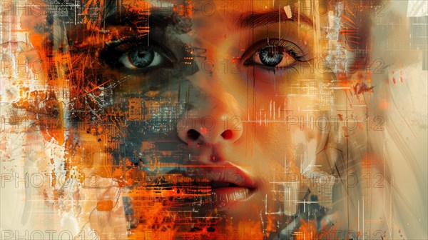 Futuristic digital portrait of a woman with abstract cyber-inspired elements, ai generated, AI generated