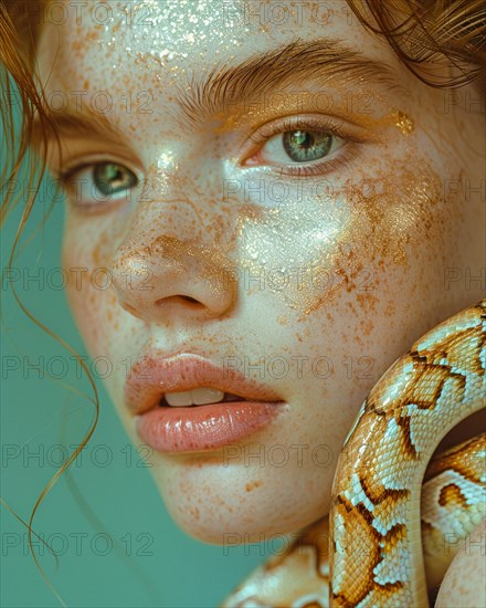 A woman with bright eyes, freckles, and a snake on a serene aquatic-colored backdrop, blurry teal turquoise solid background, beauty product studio lightning, fashion artsy make up, high concept potraiture, AI generated