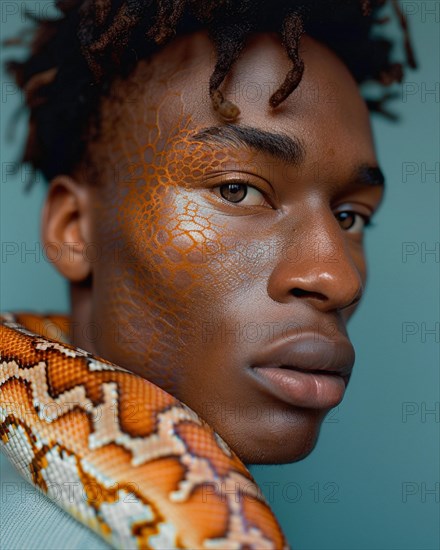 Portrait showcasing a man with skin matching the pattern of a snake wrapped around him, blurry teal turquoise solid background, beauty studio illumination, fashion artsy make up, high concept potraiture, AI generated