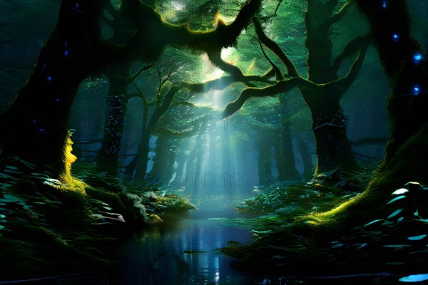 AI generated ethereal mystical forest scene with digital glow effects