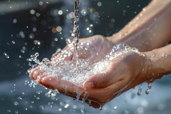 Cupped hands catching wtare from sink. KI generiert, generiert, AI generated