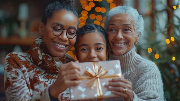 A cheerful family moment as a child and two adults enjoy a festive gift, embodying the warmth of the season, AI generated