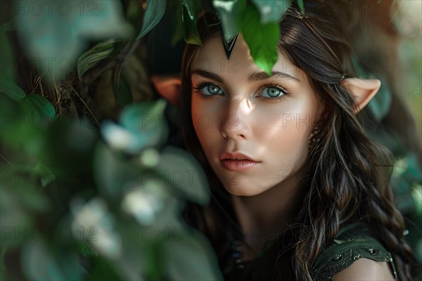 Beautiful elf woman with elven ears in forest. KI generiert, generiert, AI generated