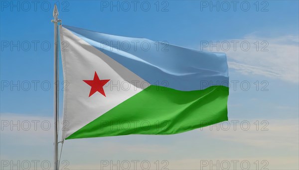 The flag of Djibouti, Djibouti flutters in the wind, isolated, against the blue sky