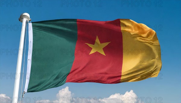 The flag of Cameroon, fluttering in the wind, isolated, against the blue sky