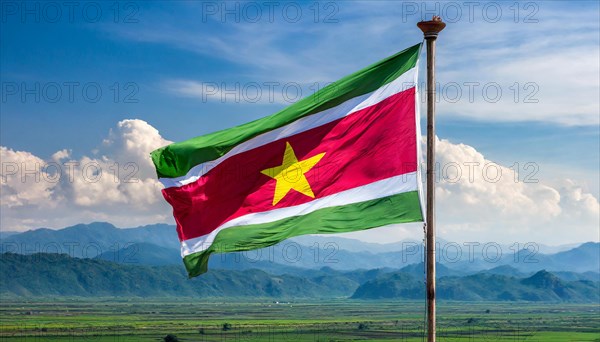 The flag of Suriname, fluttering in the wind, isolated, against the blue sky