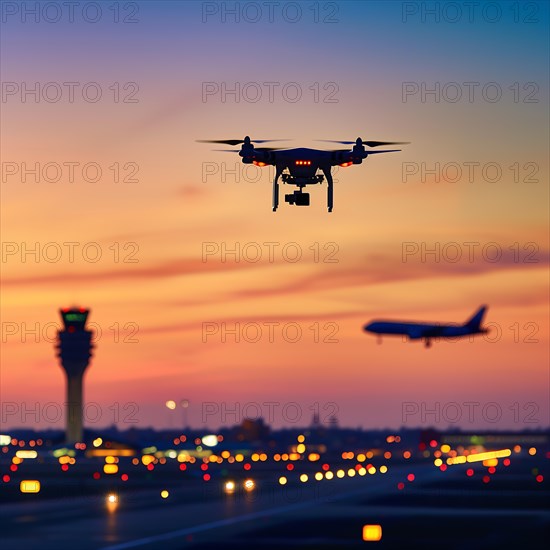 A drone hovers in the sky with a view of the airport control tower and a landing aircraft, drone, attack, AI generated