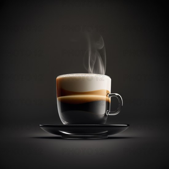 Hot coffee in glass cup. The espresso is hot, macchiato with milk and short. Generative AI image, AI generated