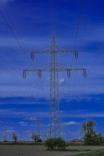 Power pylons with high-voltage lines at the Avacon substation in Helmstedt, Helmstedt, Lower Saxony, Germany, Europe