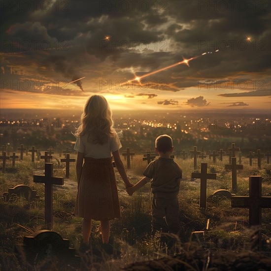 Two figures holding hands in a cemetery under a dramatic evening sky, war, war graves, military cemetery, AI generated